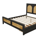 Queen Size Wood Storage Platform Bed With 2 Drawers, Rattan Headboard And Footboard, Black Box Spring Not Required Queen Black Wood Bedroom Bed Frame Wood Rattan