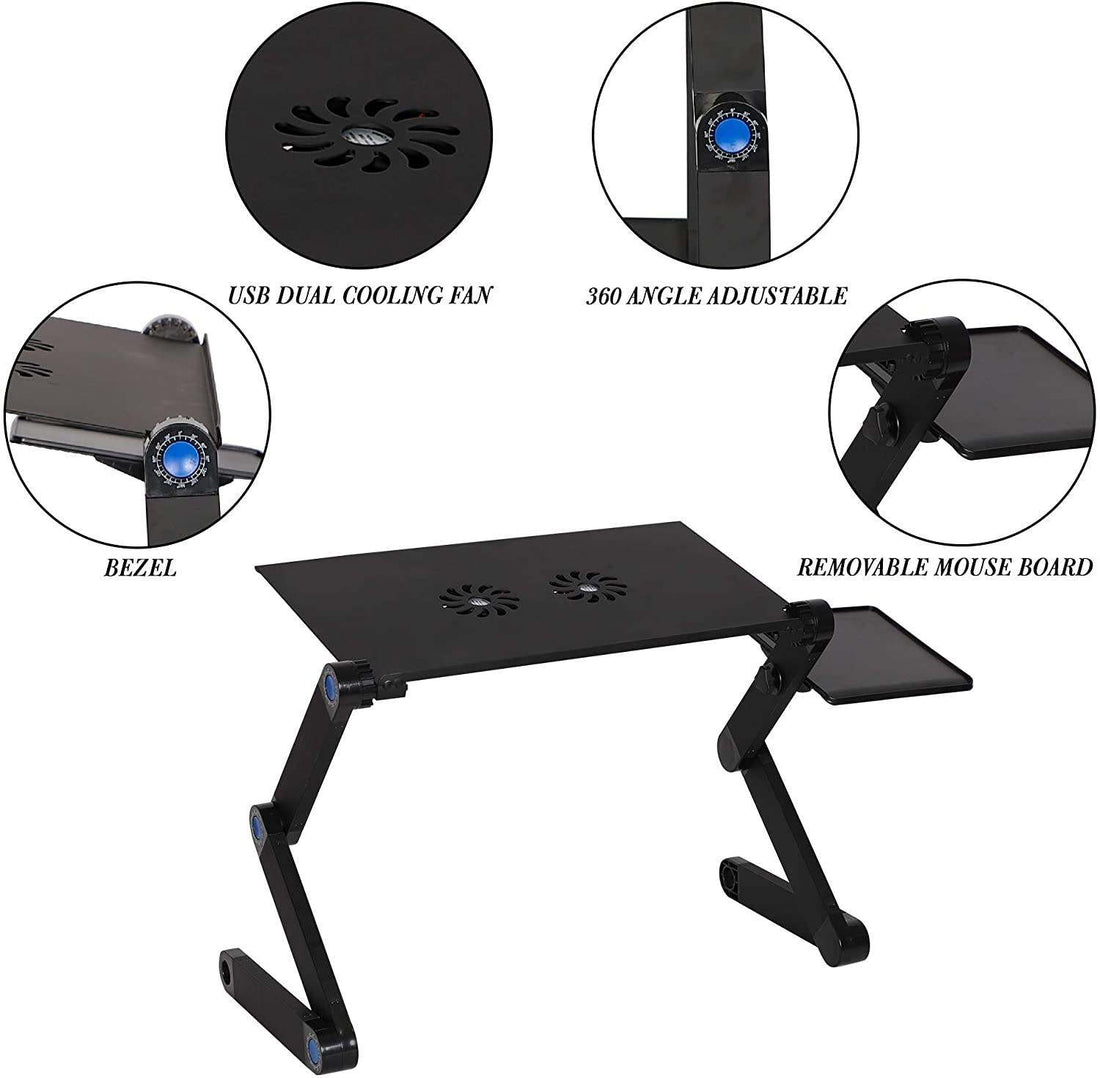 Foldable Aluminum Laptop Desk Adjustable Portable Table Stand With 2 Cpu Cooling Fans And Mouse Pad Black Metal