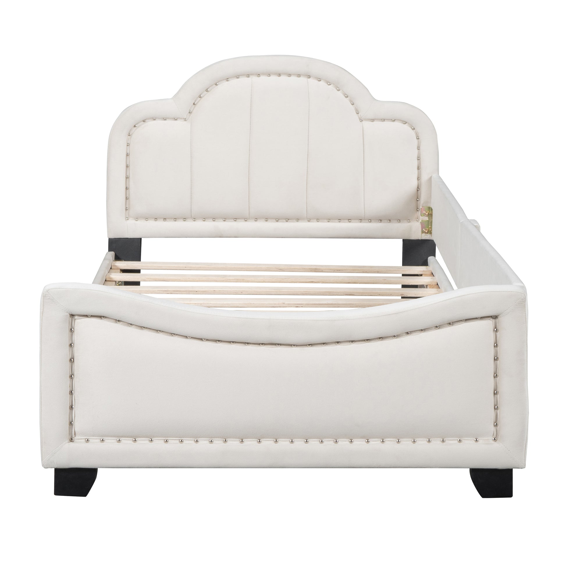 Twin Size Upholstered Daybed With Cloud Shaped Headboard, Embedded Elegant Copper Nail Design, Beige Beige Velvet