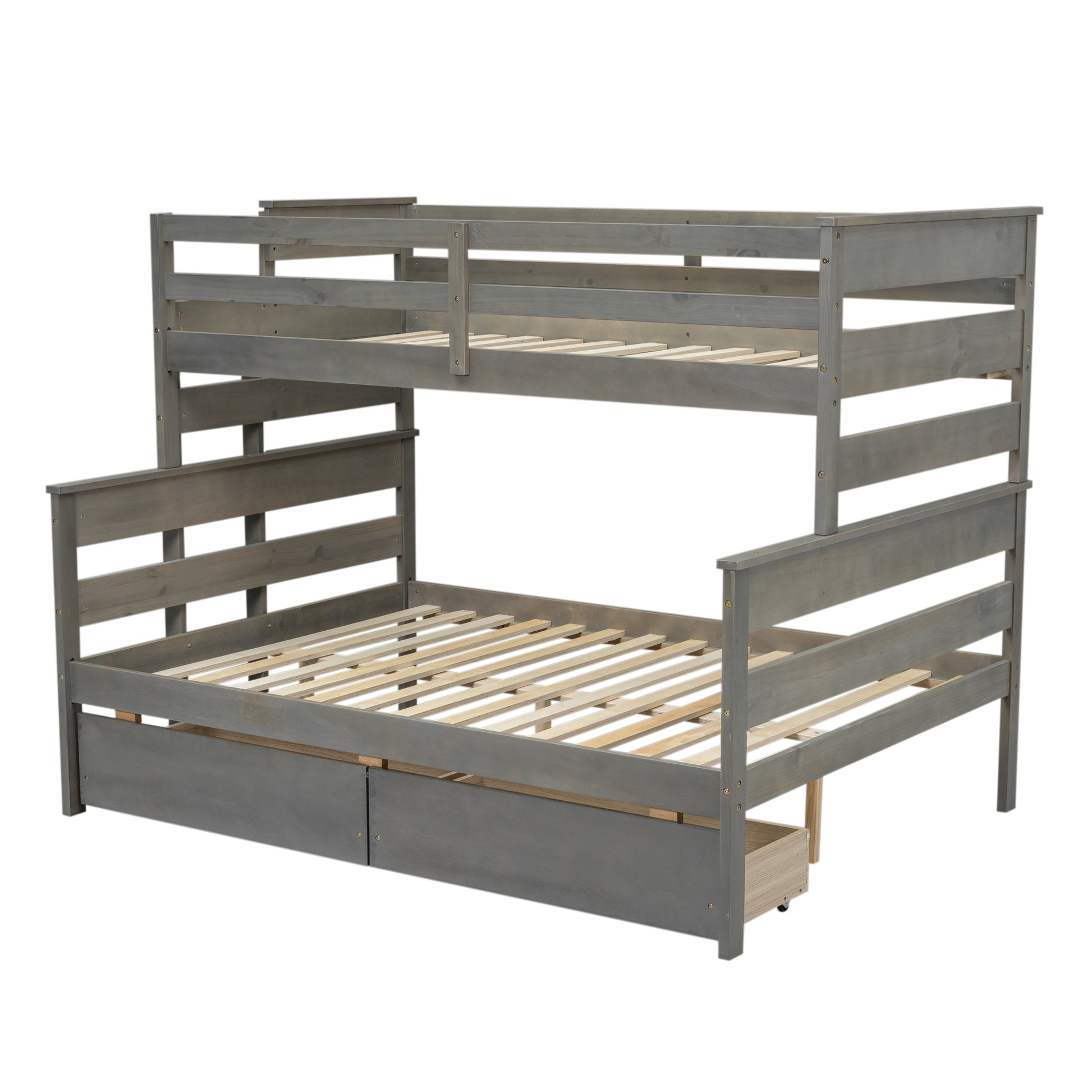 Wood Twin Over Full Bunk Bed With 2 Drawers, Gray Box Spring Not Required Gray Wood Bedroom Bunk Solid Wood Mdf