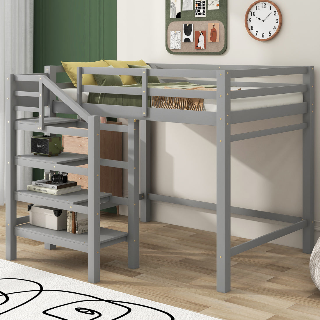 Full Size Loft Bed With Built In Storage Staircase And Hanger For Clothes, Gray Box Spring Not Required Full Gray Wood Bedroom Pine
