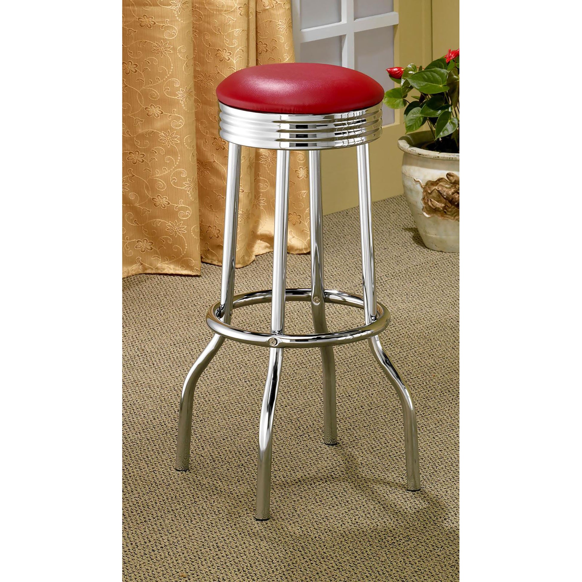 Red And Chrome Bar Height Stool Set Of 2 Solid Red Dining Room Spot Clean Contemporary,Modern Bar Stools Metal