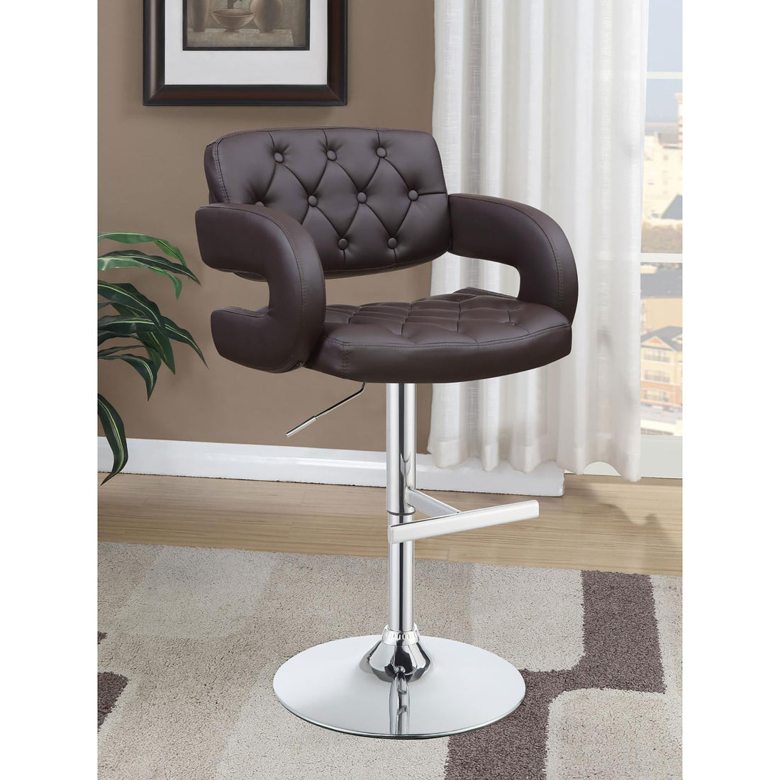 Brown And Chrome Adjustable Bar Stool Solid Brown Dining Room Foam Spot Clean Contemporary,Modern Bar Stools Tufted Back Foam Faux Leather