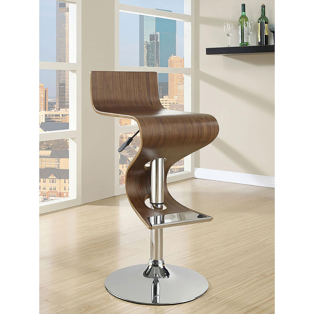 Walnut And Chrome S Shaped Adjustable Bar Stool Brown Dining Room Mid Century Modern Bar Stools Solid Back Wood Metal