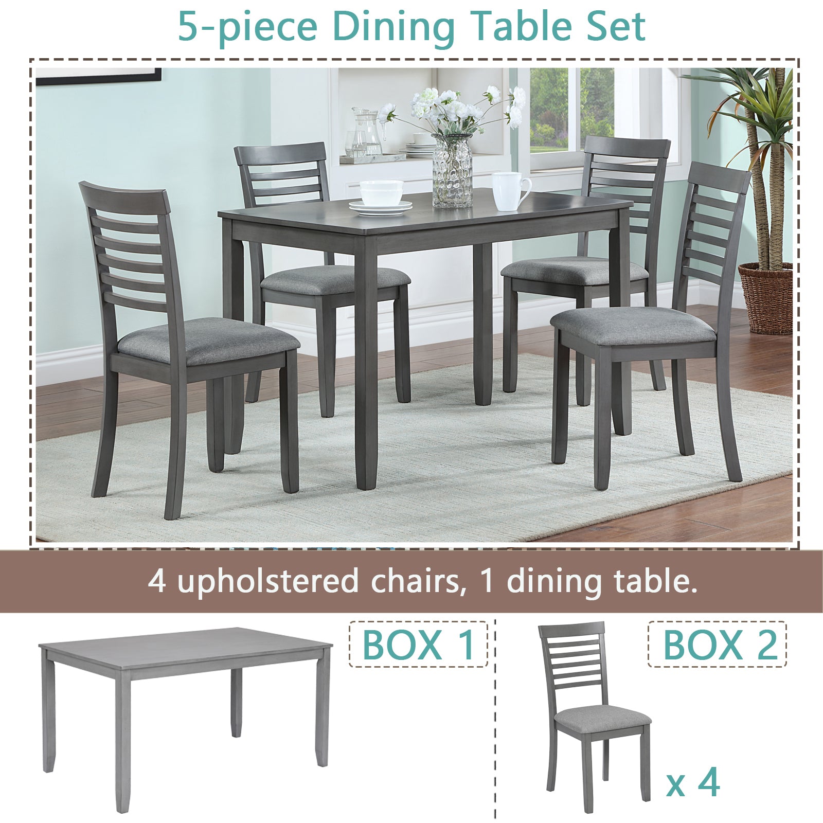 5 Piece Modern Dining Set, Rectangular Wooden Dining Table With 4 Upholstered Chairs For Kitchen, Dining Room, Gray Wood Gray Seats 4 Wood Dining Room Acacia 4 Leg Rectangular Dining Table With Chair Acacia Wood