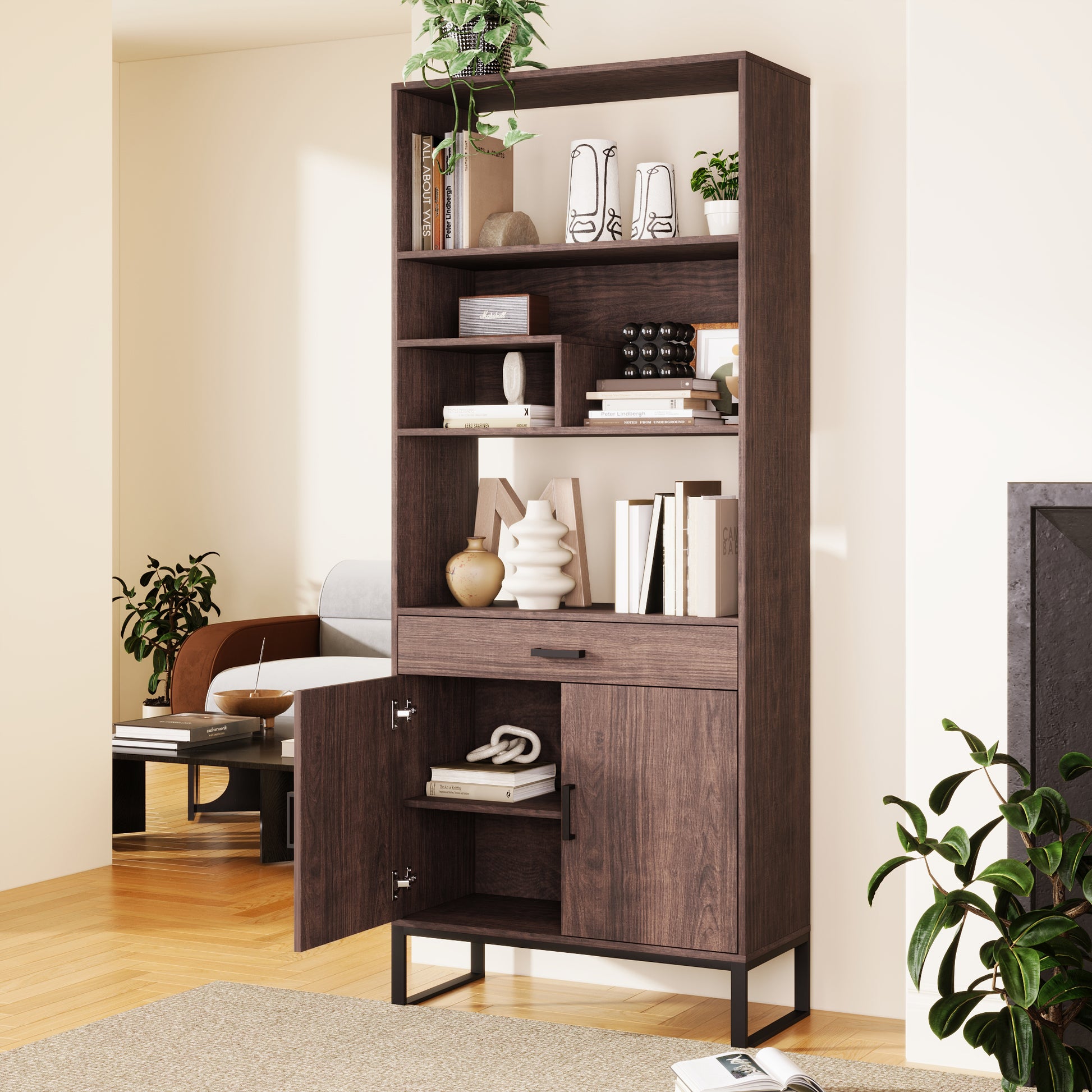 75.9"Modern Open Bookshelf With Doors, Bookcase With Storage Drawer And Led Strip Lights,Free Standing Display Rack,Wooden Tall Bookshelf For Living Room And Office, Walnut Walnut Mdf