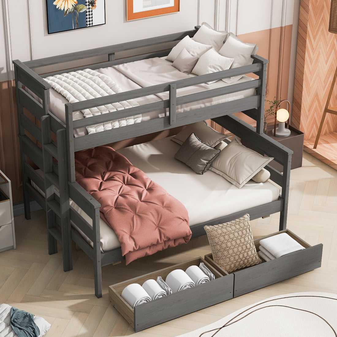 Wood Twin Over Full Bunk Bed With 2 Drawers, Gray Box Spring Not Required Gray Wood Bedroom Bunk Solid Wood Mdf