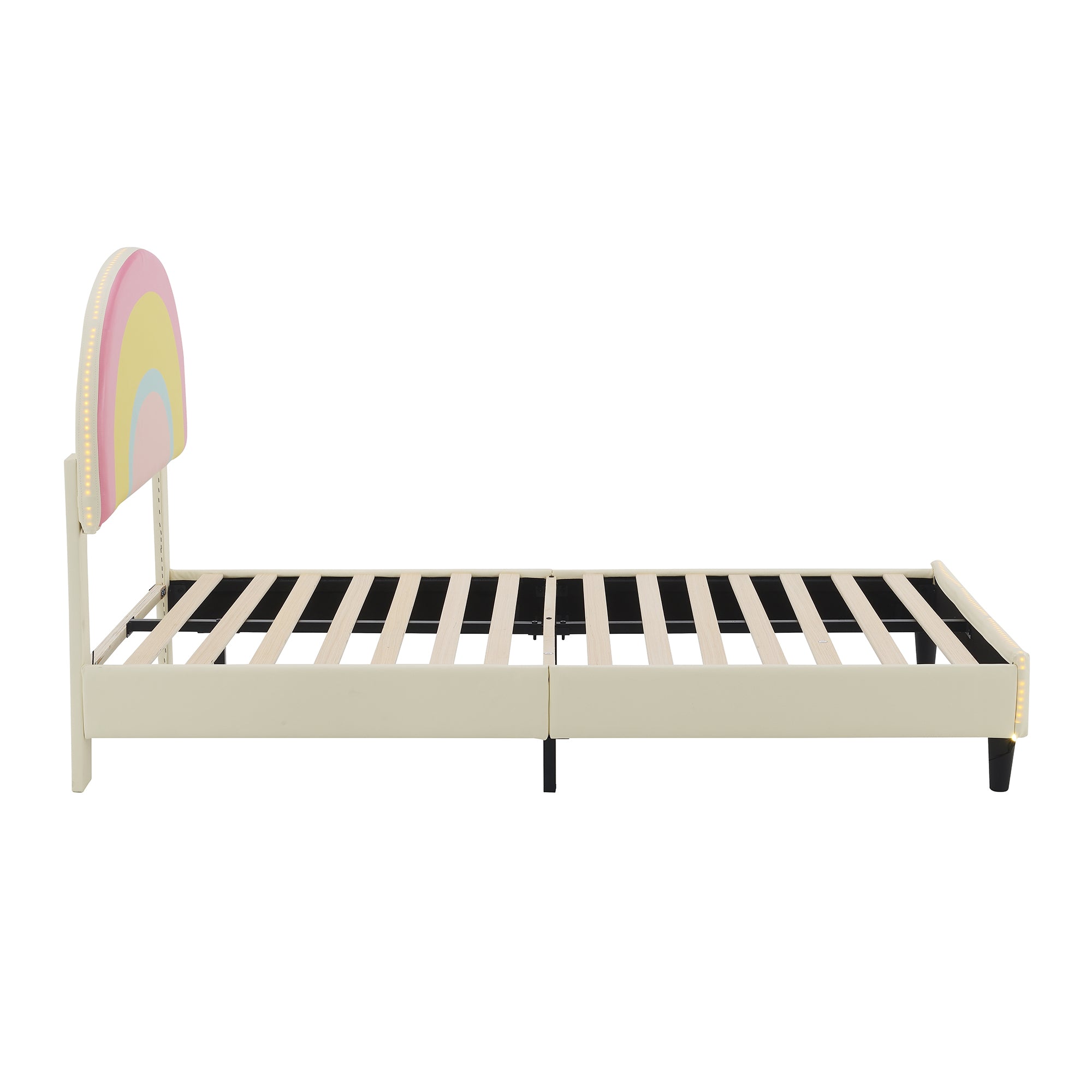 Twin Size Upholstered Platform Bed with Rainbow Shaped beige-upholstered