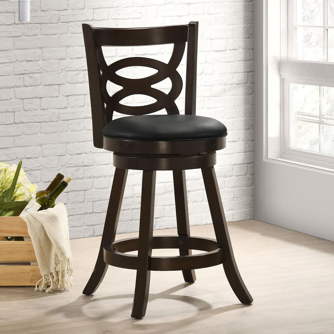 Cappuccino And Black Swivel Counter Height Stool Set Of 2 Solid Black Brown Dining Room Spot Clean Traditional Bar Stools Rubberwood Open Back Wood