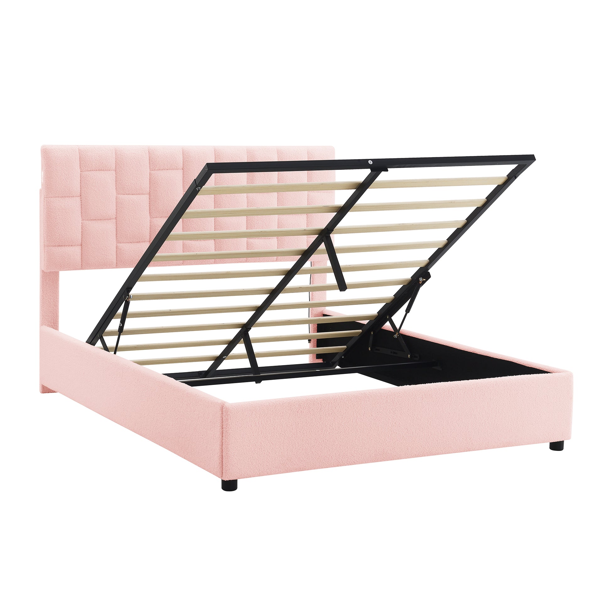 Queen Size Upholstered Platform Bed With Height Adjustable Headboard And Under Bed Storage Space,Pink Pink Upholstered