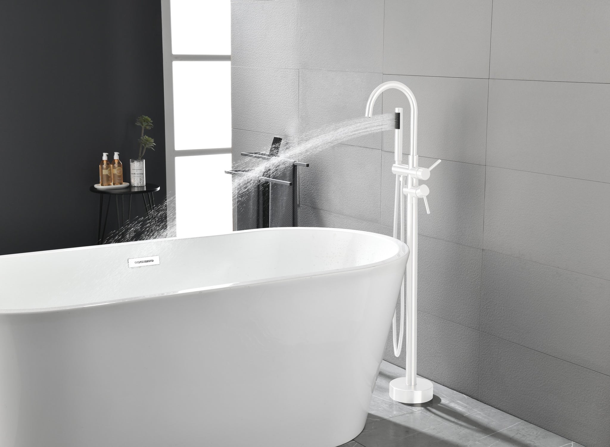 Floor Mount Bathtub Faucet Freestanding Tub Filler white-stainless steel