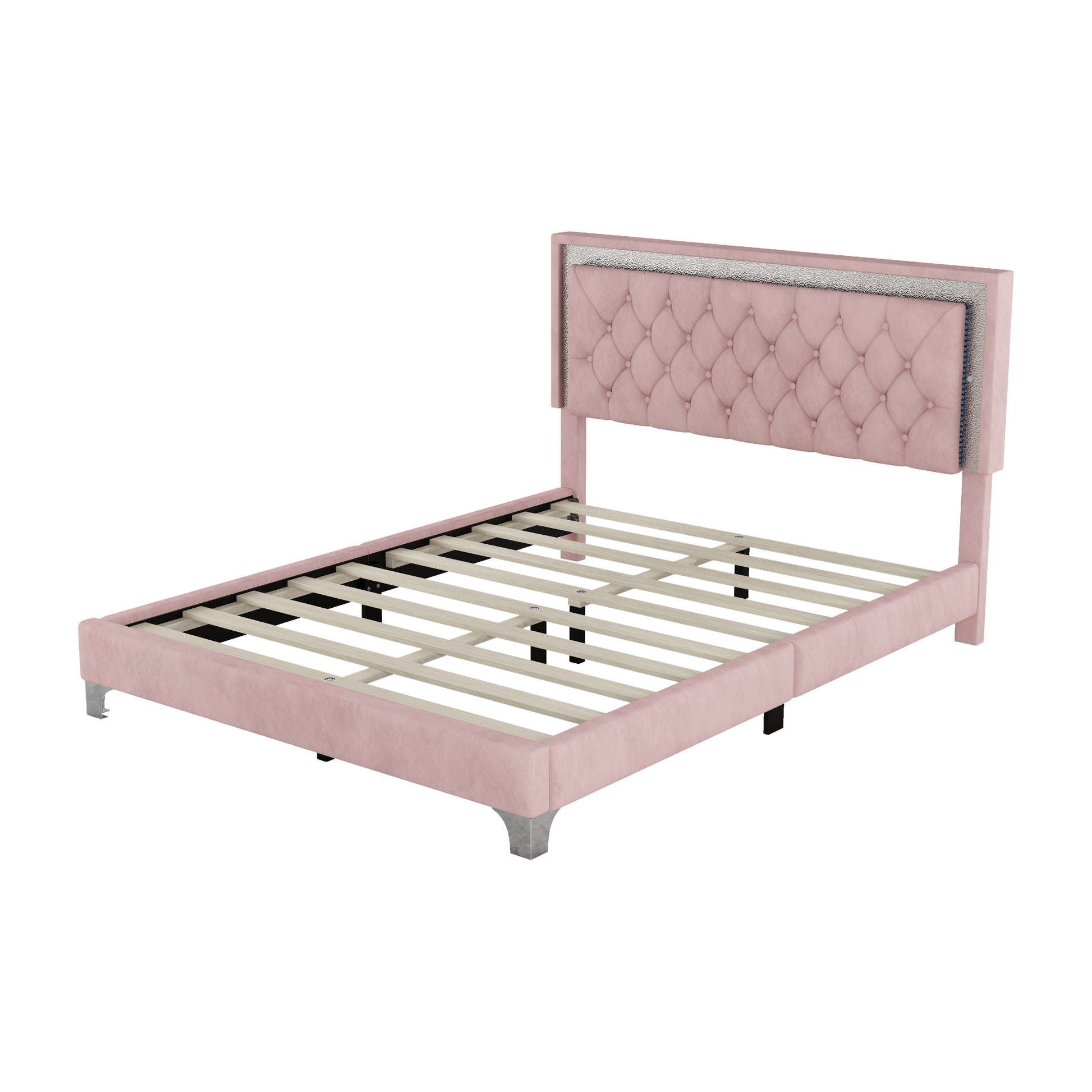 Queen Size Upholstered Bed Frame With Led Lights,Modern Velvet Platform Bed With Tufted Headboard,Pink Queen Pink Velvet