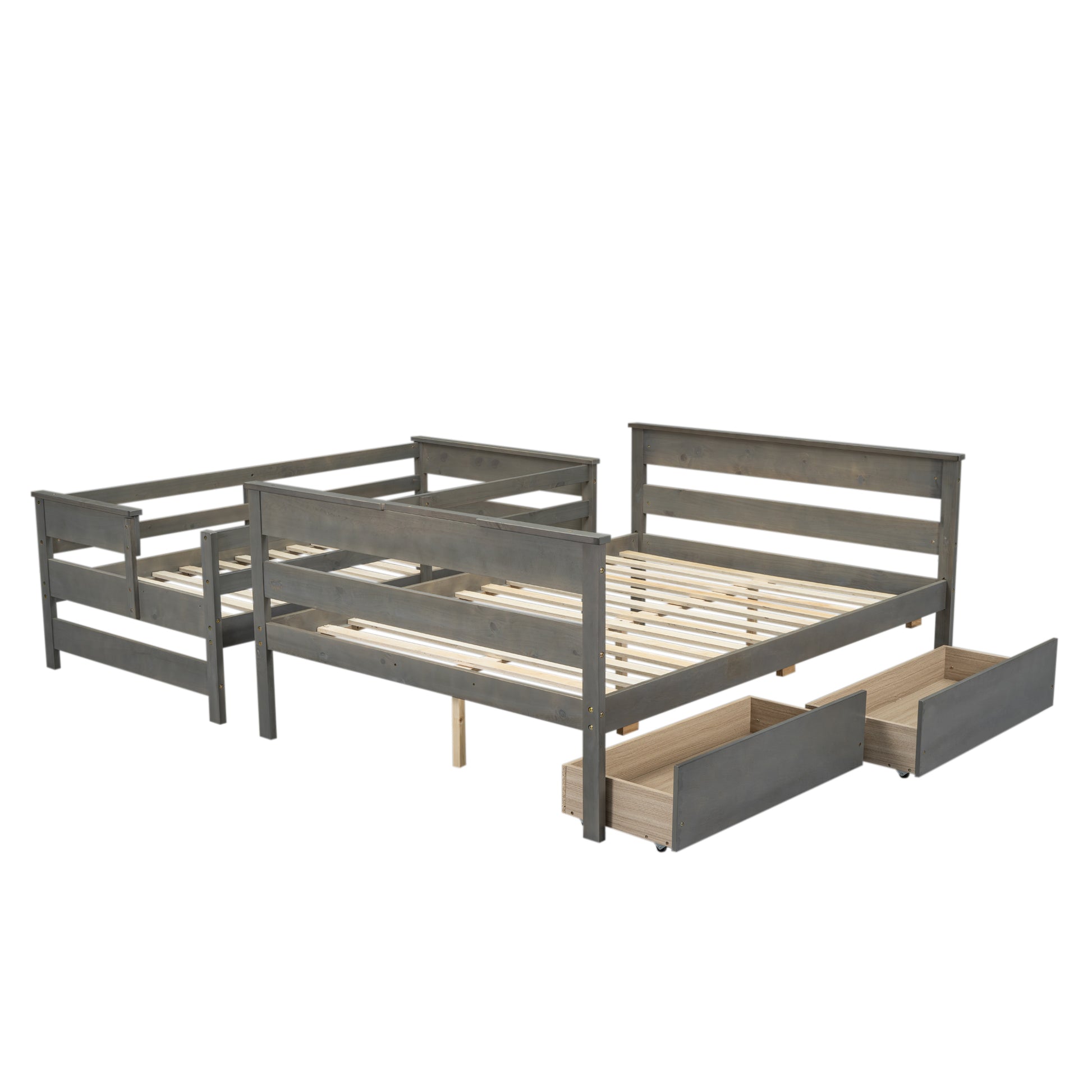 Wood Twin Over Full Bunk Bed With 2 Drawers, Gray Box Spring Not Required Gray Wood Bedroom Bunk Solid Wood Mdf