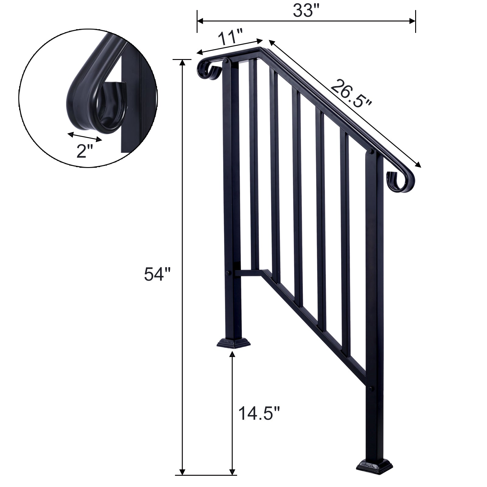 Handrails For Outdoor Steps, Fit 2 Or 3 Steps Outdoor Stair Railing, Picket#2 Wrought Iron Handrail, Flexible Porch Railing, Black Transitional Handrails For Concrete Steps Or Wooden Stairs Black Steel