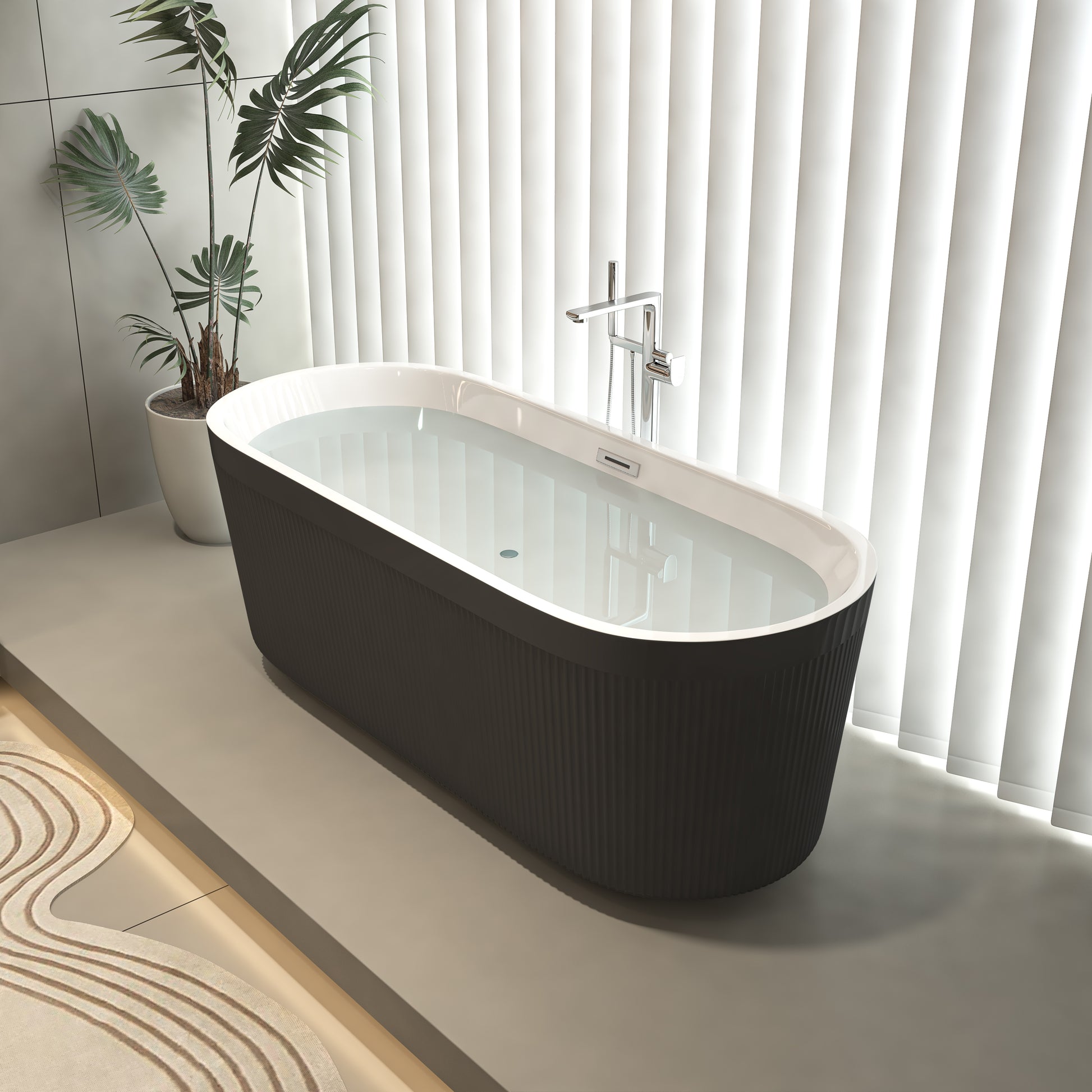 59" Acrylic Freestanding Bathtub With Unique Pleated Design: Spacious Oval Shape, Gloss Black Finish, Brushed Nickel Overflow & Pop Up Drain Black Oval Bathroom Freestanding Tubs Polished 59 61 In Contemporary Soaking Center Acrylic Acrylic