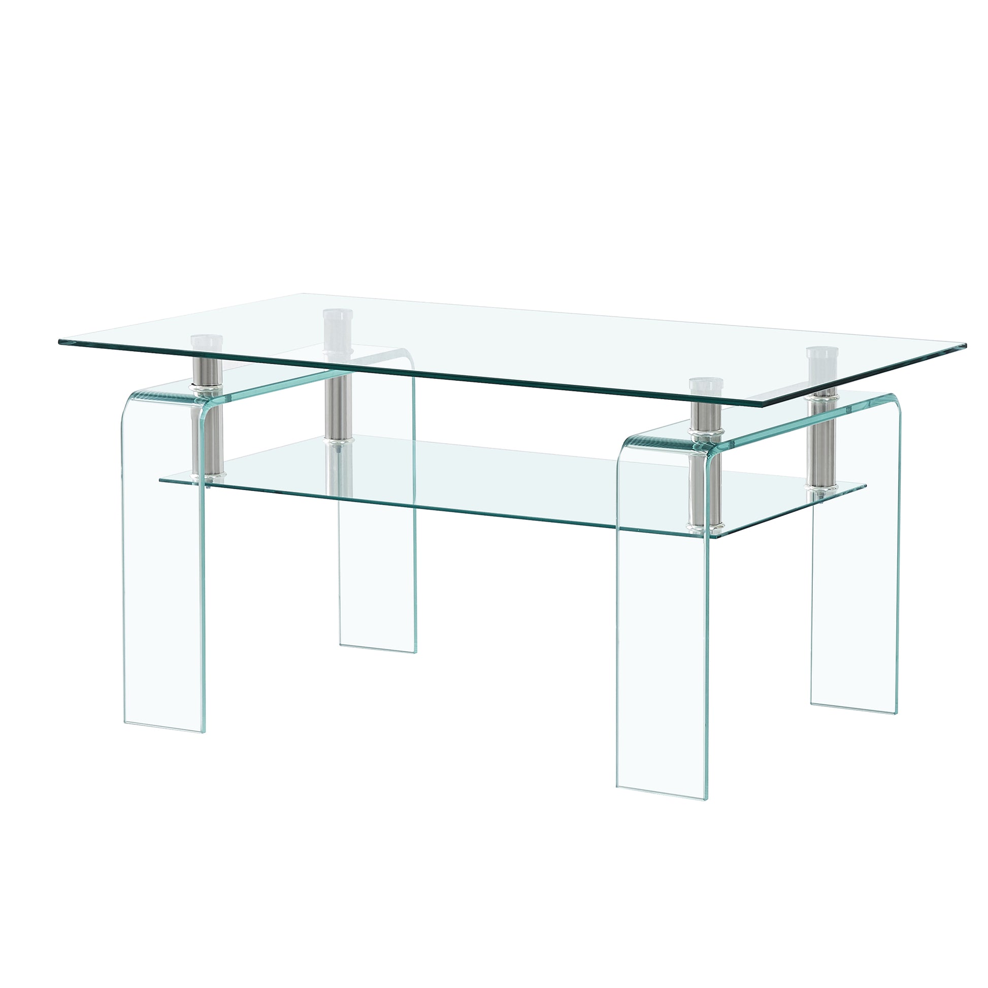 Rectangle Clear Glass Coffee Table, Modern Glass Coffee Table For Living Room, 2 Tier Storage Center Coffee Table,Tempered Glass Tea Table Transparent Glass