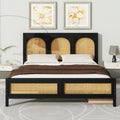 Queen Size Wood Storage Platform Bed With 2 Drawers, Rattan Headboard And Footboard, Black Box Spring Not Required Queen Black Wood Bedroom Bed Frame Wood Rattan