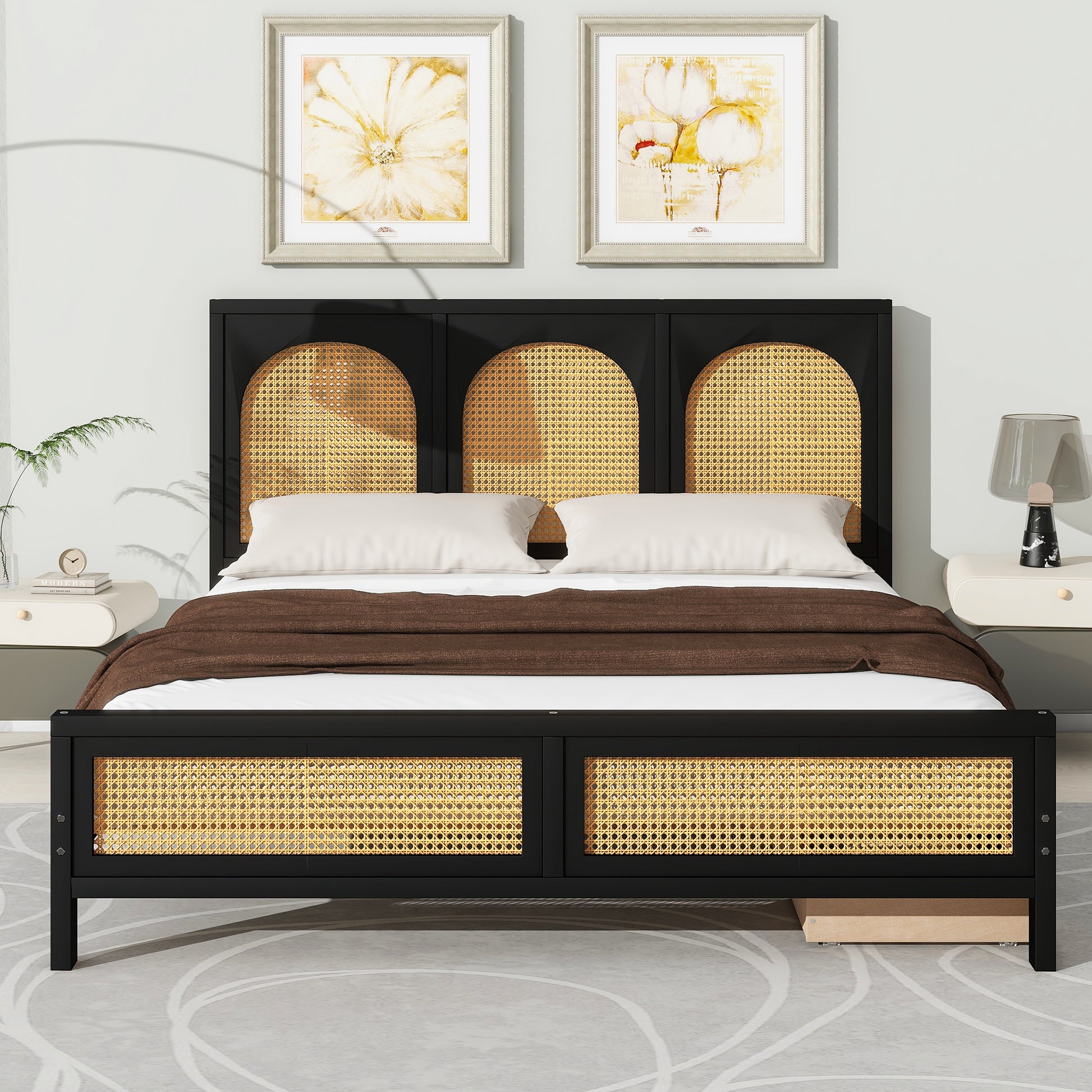 Queen Size Wood Storage Platform Bed With 2 Drawers, Rattan Headboard And Footboard, Black Box Spring Not Required Queen Black Wood Bedroom Bed Frame Wood Rattan
