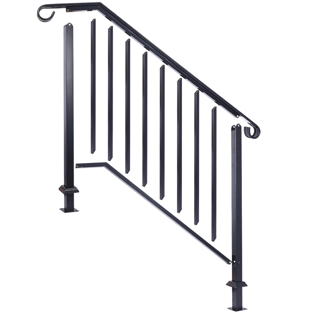 Handrails For Outdoor Steps, Fit 3 Or 4 Steps Outdoor Stair Railing, Picket#3 Wrought Iron Handrail, Flexible Porch Railing, Black Transitional Handrails For Concrete Steps Or Wooden Stairs Black Steel