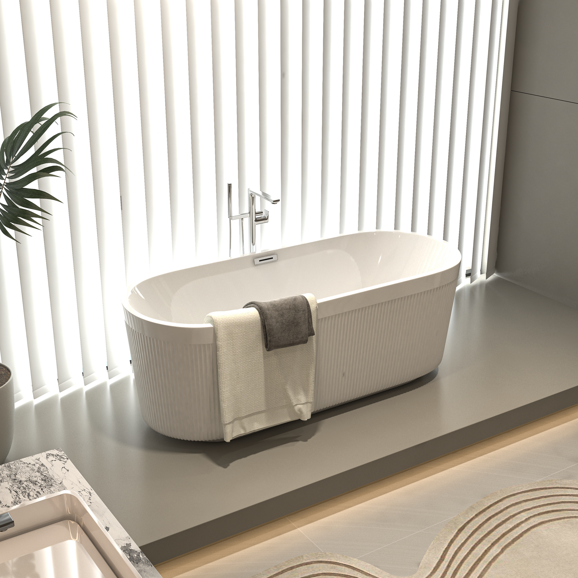 59" Acrylic Freestanding Bathtub With Unique Pleated Design: Spacious Oval Shape, Gloss White Finish, Brushed Nickel Overflow & Pop Up Drain Gloss White Oval Bathroom Freestanding Tubs Polished 59 61 In Contemporary Soaking Center Acrylic Acrylic