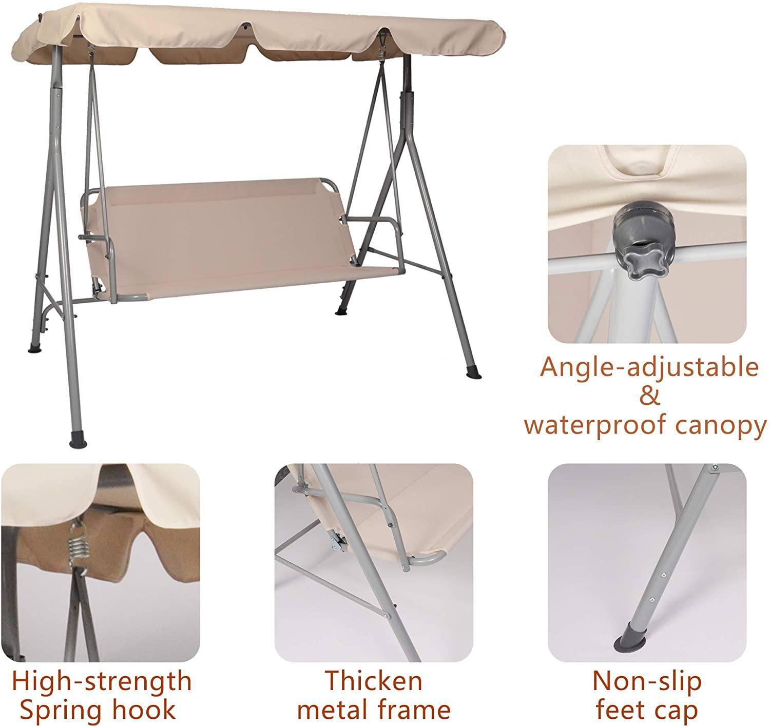 Outdoor Porch Patio Swing Chair With Stand And Waterproof Canopy All Weather Resistant Swing Bench Beige Metal