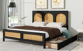 Queen Size Wood Storage Platform Bed With 2 Drawers, Rattan Headboard And Footboard, Black Box Spring Not Required Queen Black Wood Bedroom Bed Frame Wood Rattan
