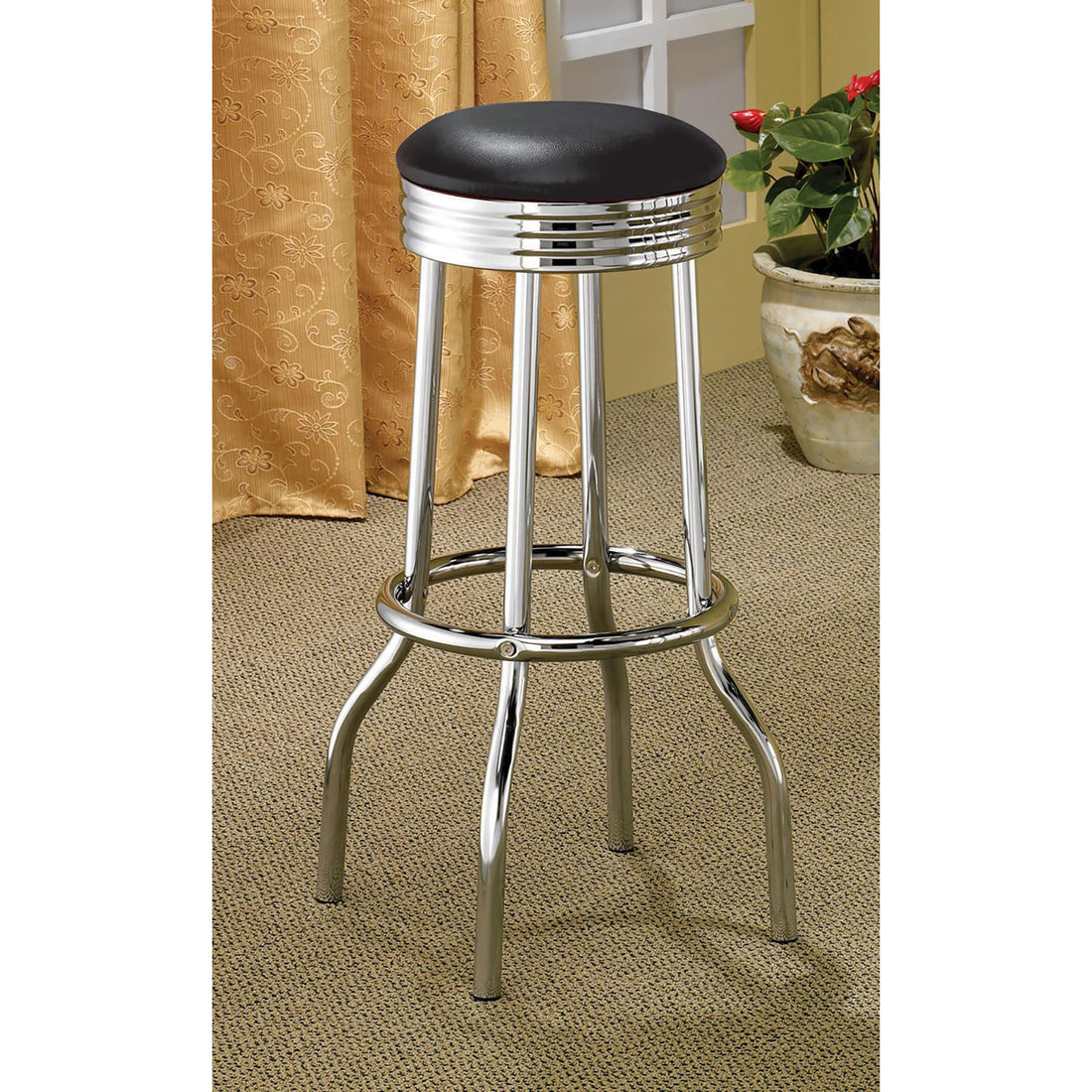 Black And Chrome Bar Height Stool Set Of 2 Solid Black Dining Room Wipe Clean Contemporary,Modern Bar Stools Foam Metal