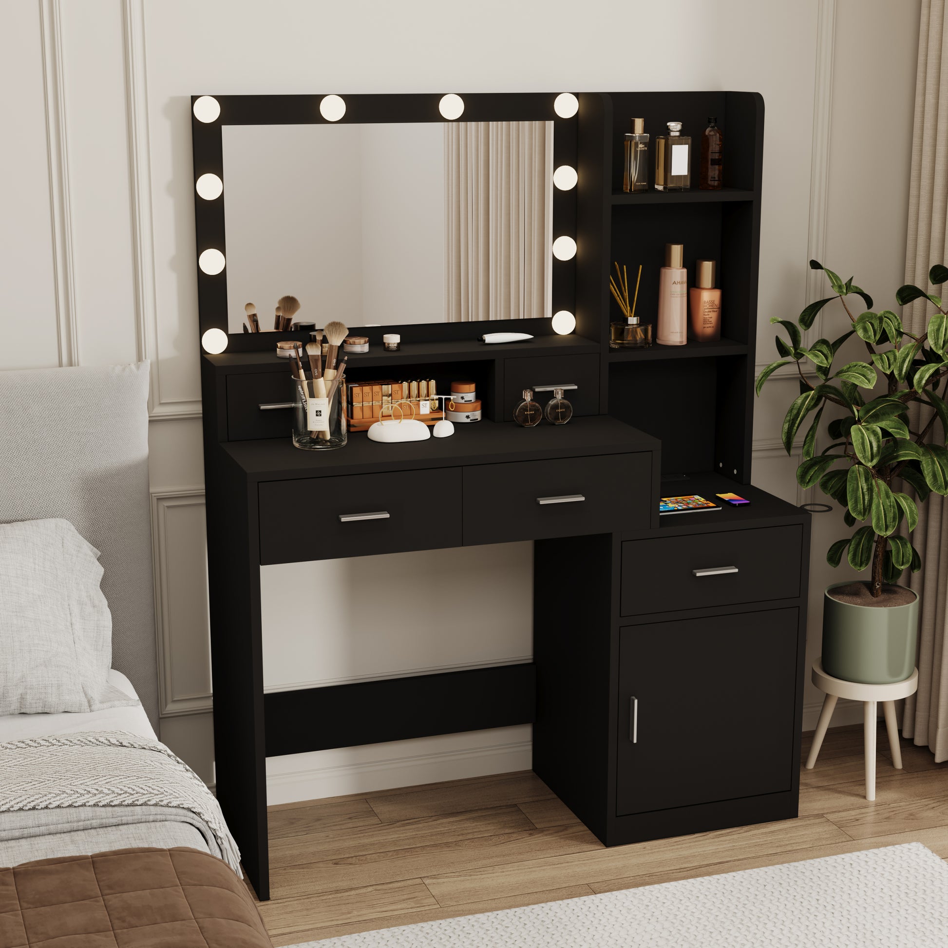 Newly Designed Smart Mirror Dressing Table With Drawers And Storage Cabinet, Dressing Table With Dressing Pad For Bedroom, Dressing Room Black Bedroom American Design,American Traditional,Classic,Coastal Mdf Glass