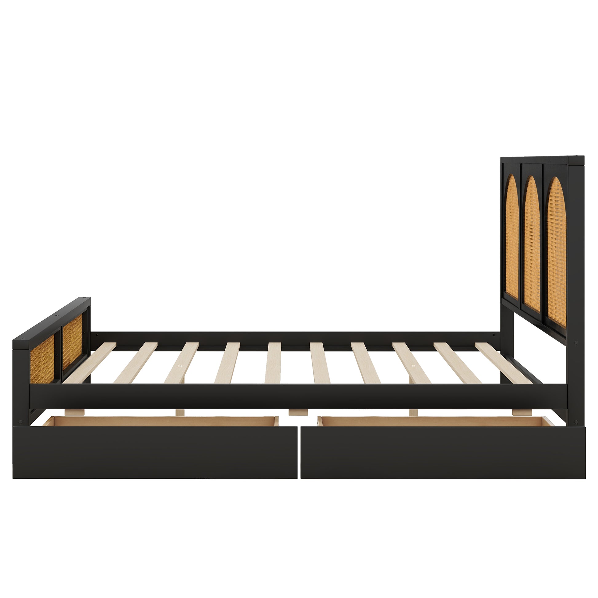 Queen Size Wood Storage Platform Bed With 2 Drawers, Rattan Headboard And Footboard, Black Box Spring Not Required Queen Black Wood Bedroom Bed Frame Wood Rattan