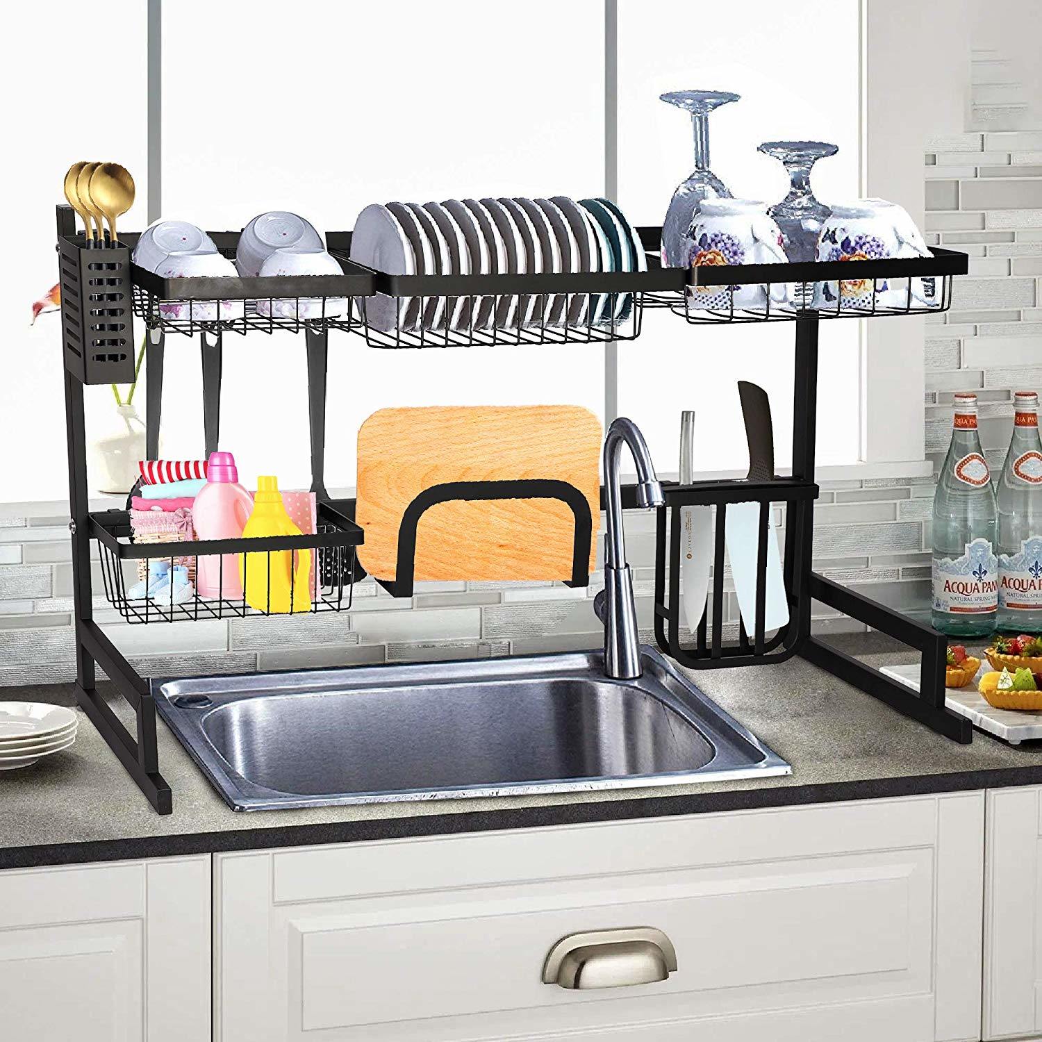 Over The Sink Dish Drying Rack Stainless Steel Kitchen Supplies Storage Shelf Drainer Organizer Black Metal