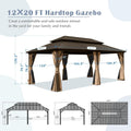 12' X 20' Hardtop Gazebo, Aluminum Metal Gazebo With Galvanized Steel Double Roof Canopy, Curtain And Netting, Permanent Gazebo Pavilion For Party, Wedding, Outdoor Dining, Brown Brown Aluminum