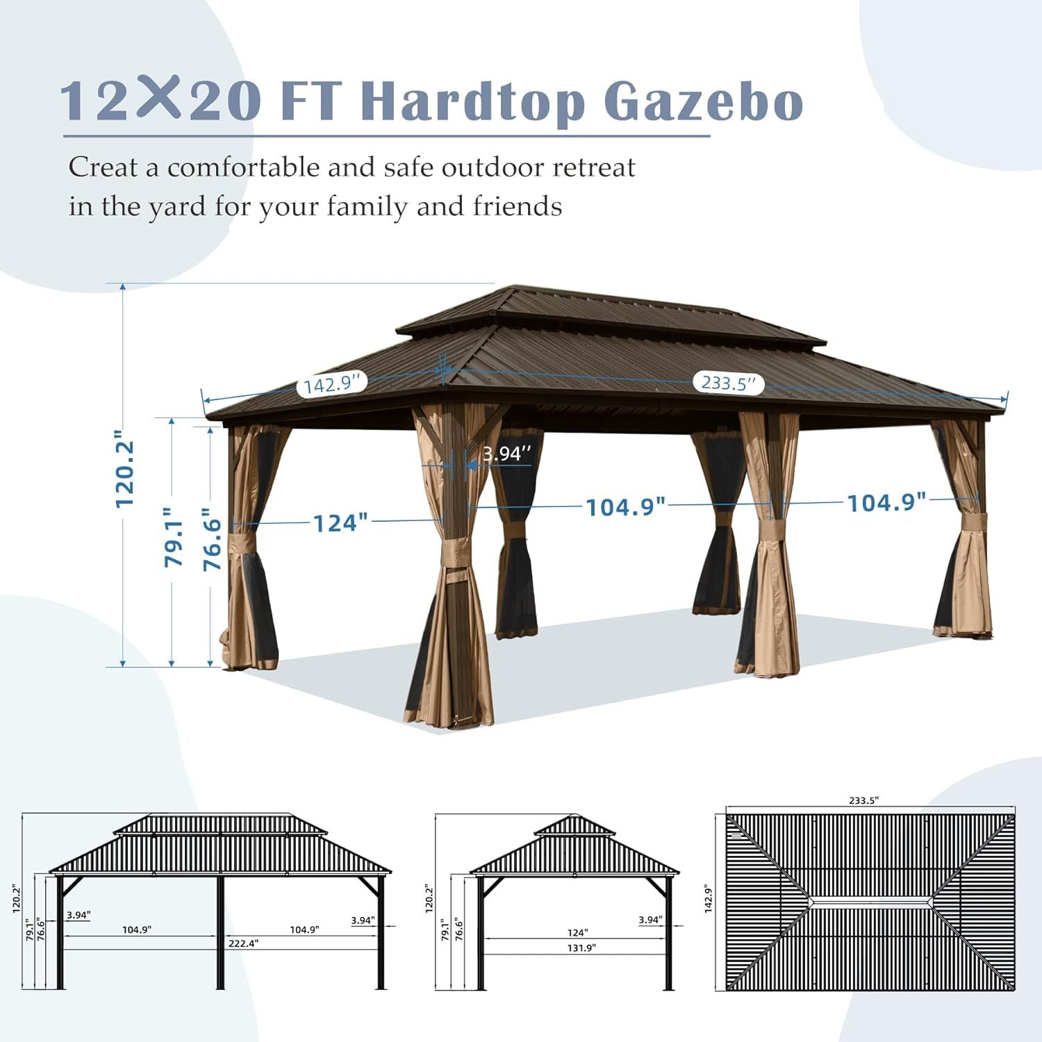 12' X 20' Hardtop Gazebo, Aluminum Metal Gazebo With Galvanized Steel Double Roof Canopy, Curtain And Netting, Permanent Gazebo Pavilion For Party, Wedding, Outdoor Dining, Brown Brown Aluminum