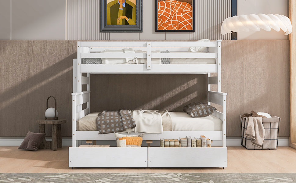 Wood Twin Over Full Bunk Bed With 2 Drawers, White Box Spring Not Required White Wood Bedroom Bunk Solid Wood Mdf