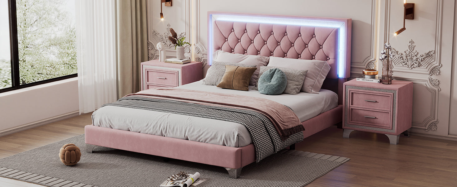 Queen Size Upholstered Bed Frame With Led Lights,Modern Velvet Platform Bed With Tufted Headboard,Pink Queen Pink Velvet