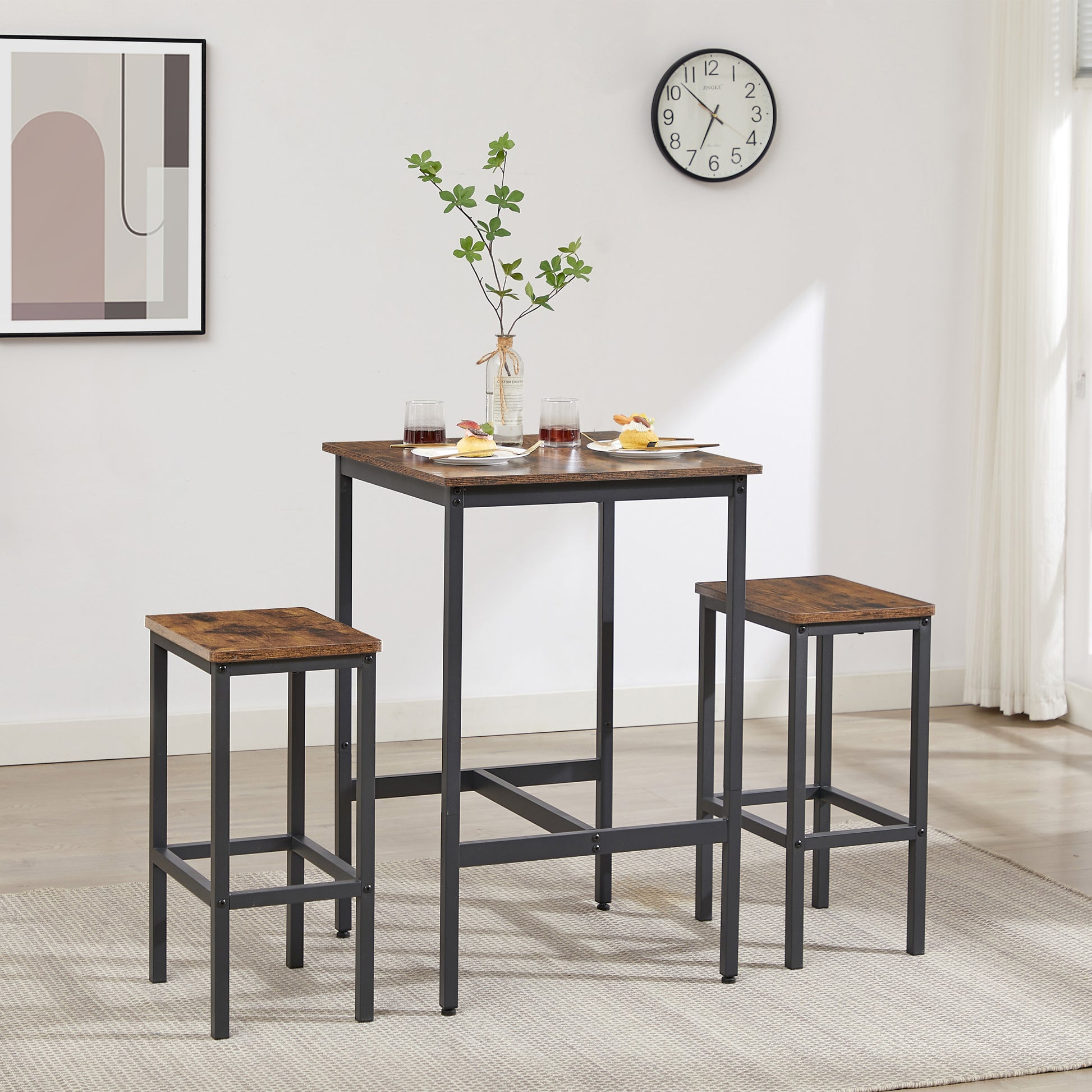 Bar Table Set, Square Bar Table With 2 Bar Chairs, Industrial Style Bar Chairs For Kitchen Breakfast Table, Bar, Living Room, Banquet Hall, Space Saving, Rustic Brown And Black,23.6 Lx23.6 Wx35.4 H Rustic Brown Particle Board