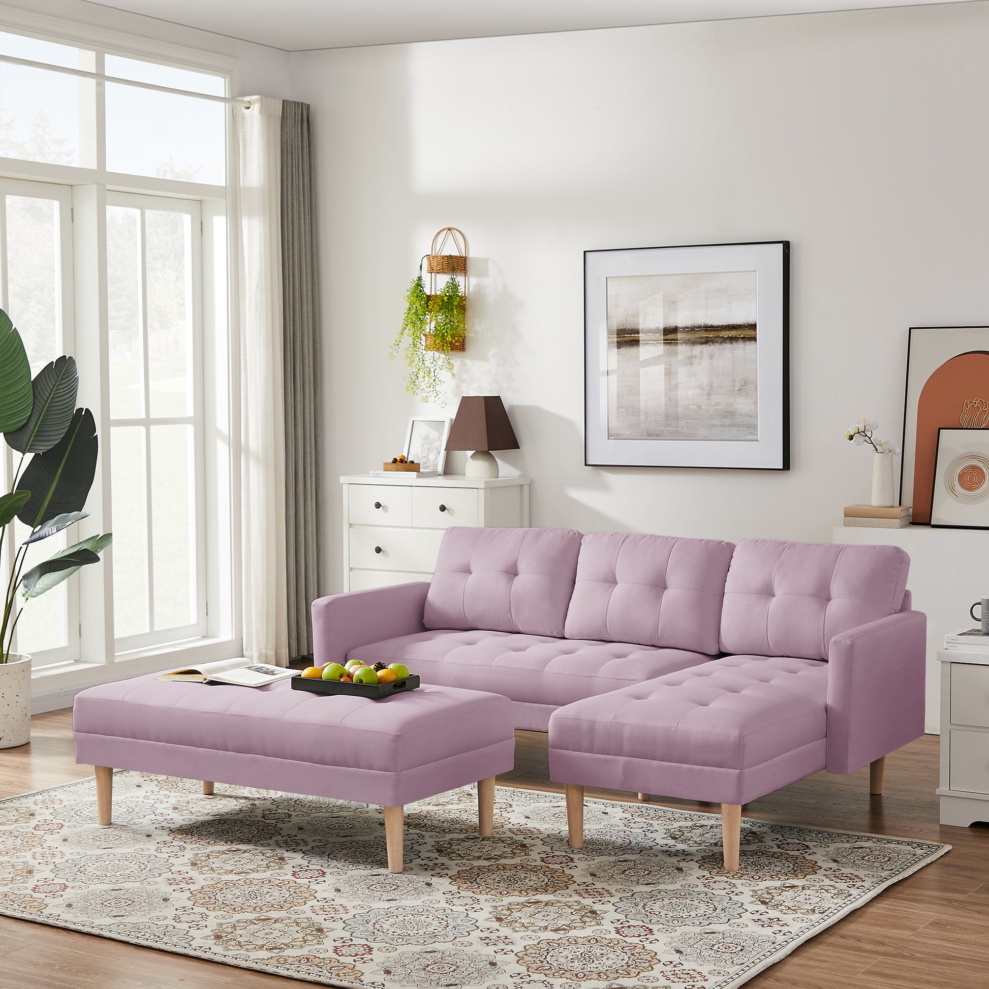 Pink Fabric Right Facing Sectional Sofa Bedl Shape Sofa Chaise Lounge With Ottoman Bench Pink Wood Tufted Back Square Arms Foam Fabric 3 Seat