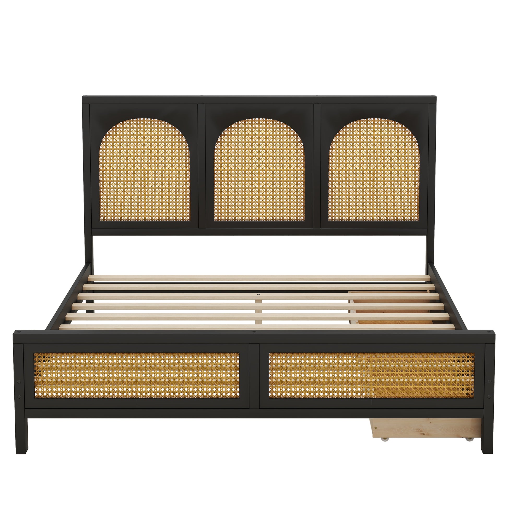 Queen Size Wood Storage Platform Bed With 2 Drawers, Rattan Headboard And Footboard, Black Box Spring Not Required Queen Black Wood Bedroom Bed Frame Wood Rattan