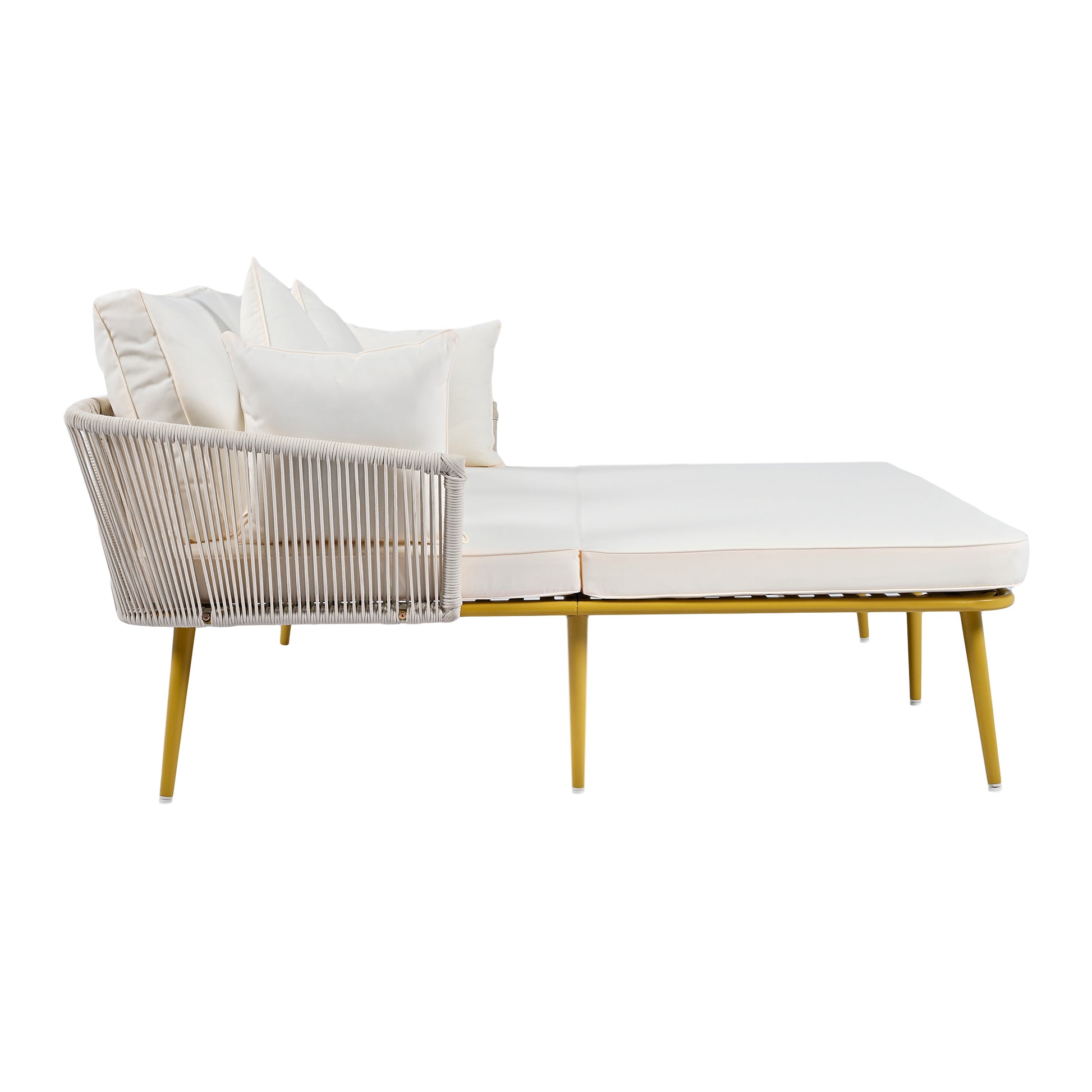 Outdoor Patio Daybed, Woven Nylon Rope Backrest With Washable Cushions For Balcony, Poolside, Set For 2 Person, Beige Yes Complete Patio Set Beige Gold Weather Resistant Frame Stain Resistant Cushions Garden & Outdoor Casual Complete Patio Sets Foam Pvc