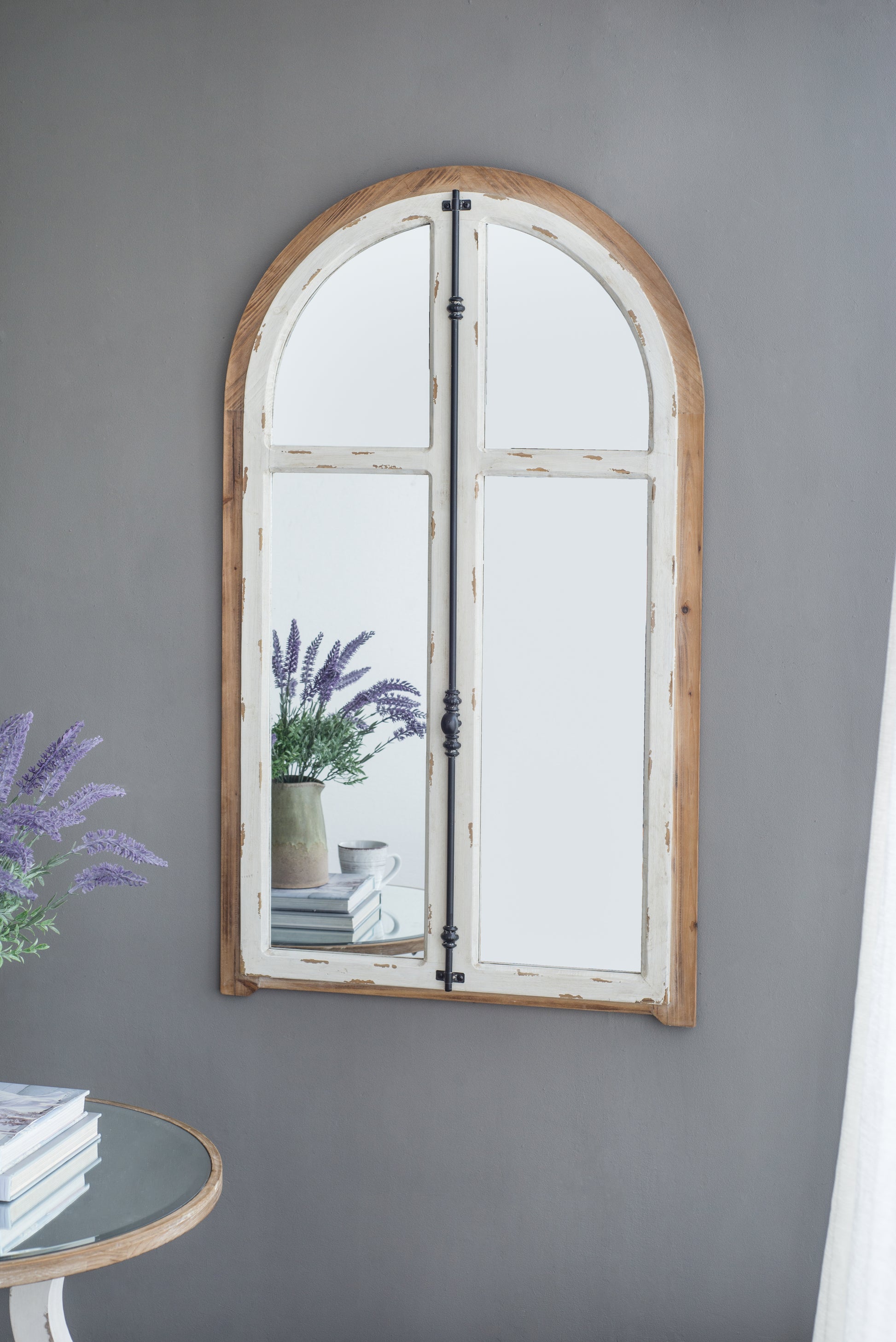 27.5" X 3" X 48" Arch Wood Wall Mirror Brown Antique White Wood