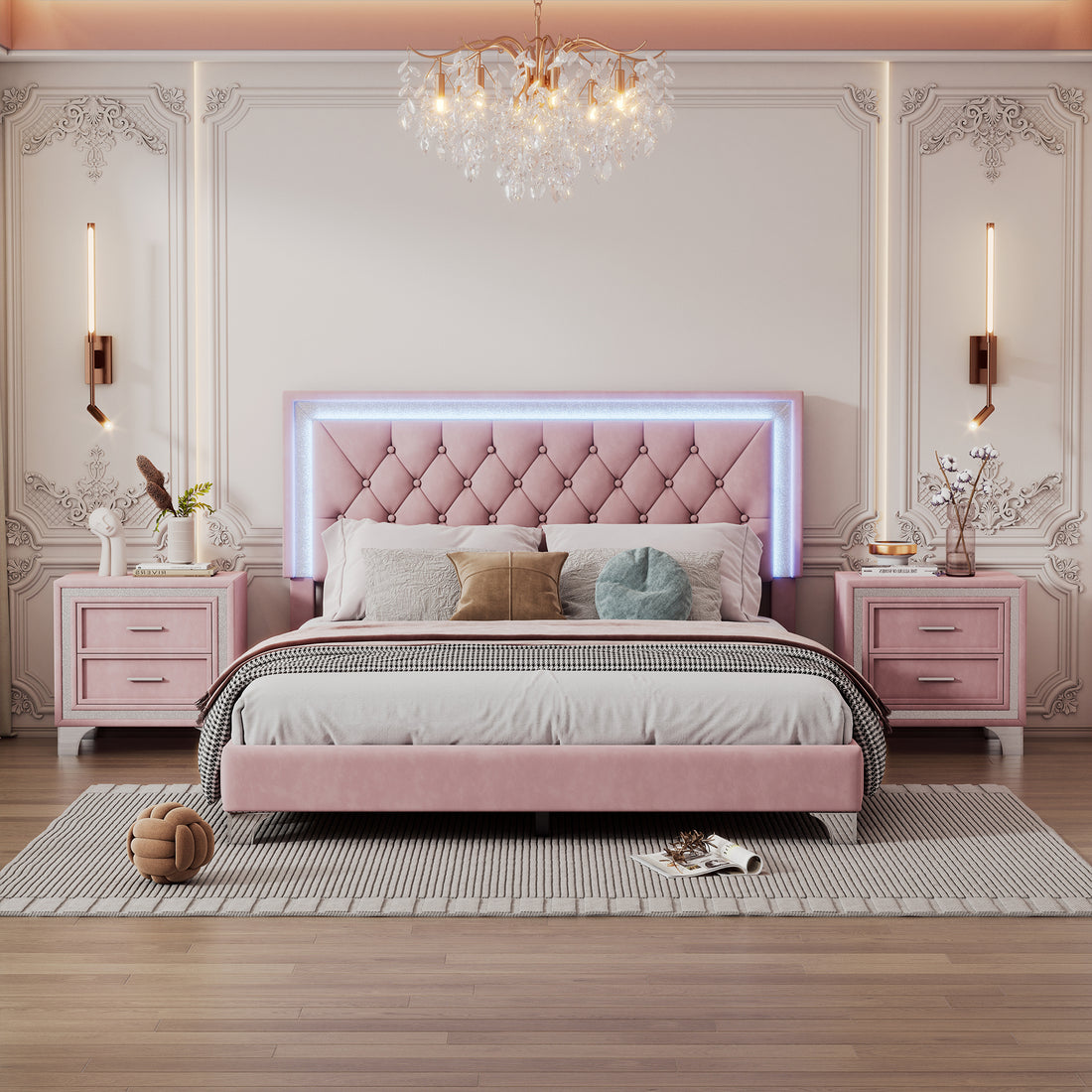 3 Pieces Bedroom Sets,Queen Size Upholstered Platform Bed With Led Lights And Two Nightstands Pink Queen Pink 3 Piece Set Velvet