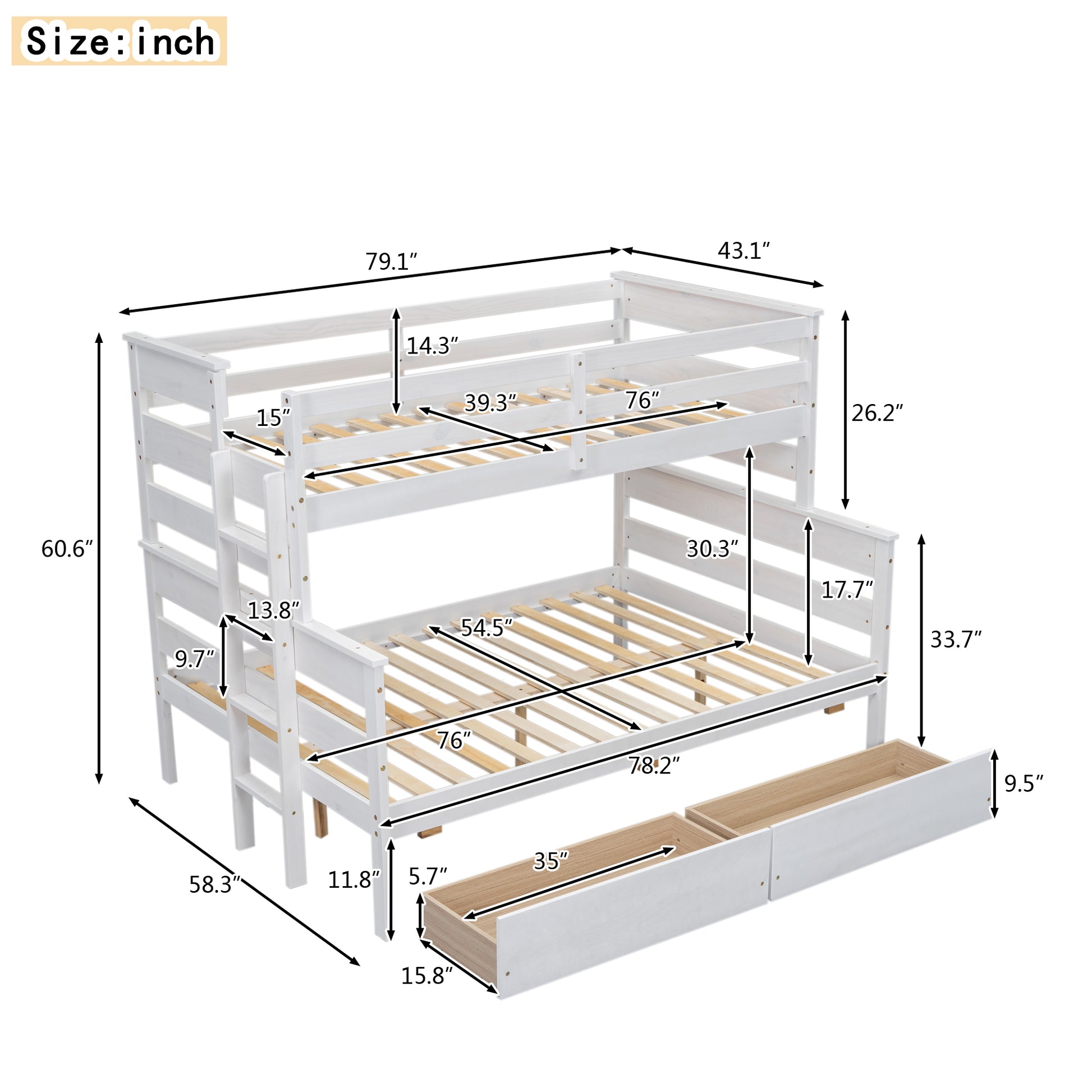 Wood Twin Over Full Bunk Bed With 2 Drawers, White Box Spring Not Required White Wood Bedroom Bunk Solid Wood Mdf