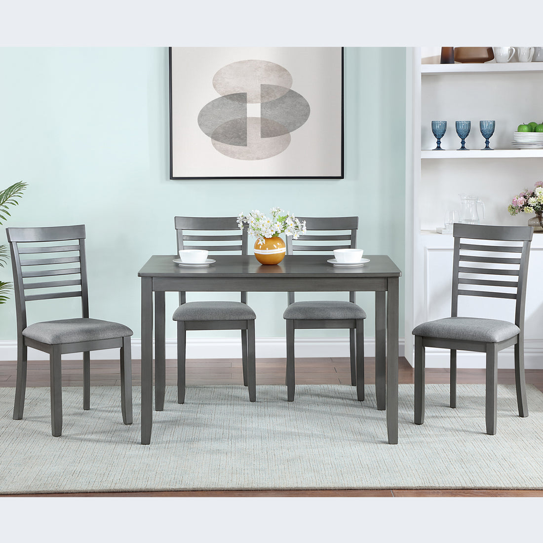 5 Piece Modern Dining Set, Rectangular Wooden Dining Table With 4 Upholstered Chairs For Kitchen, Dining Room, Gray Wood Gray Seats 4 Wood Dining Room Acacia 4 Leg Rectangular Dining Table With Chair Acacia Wood