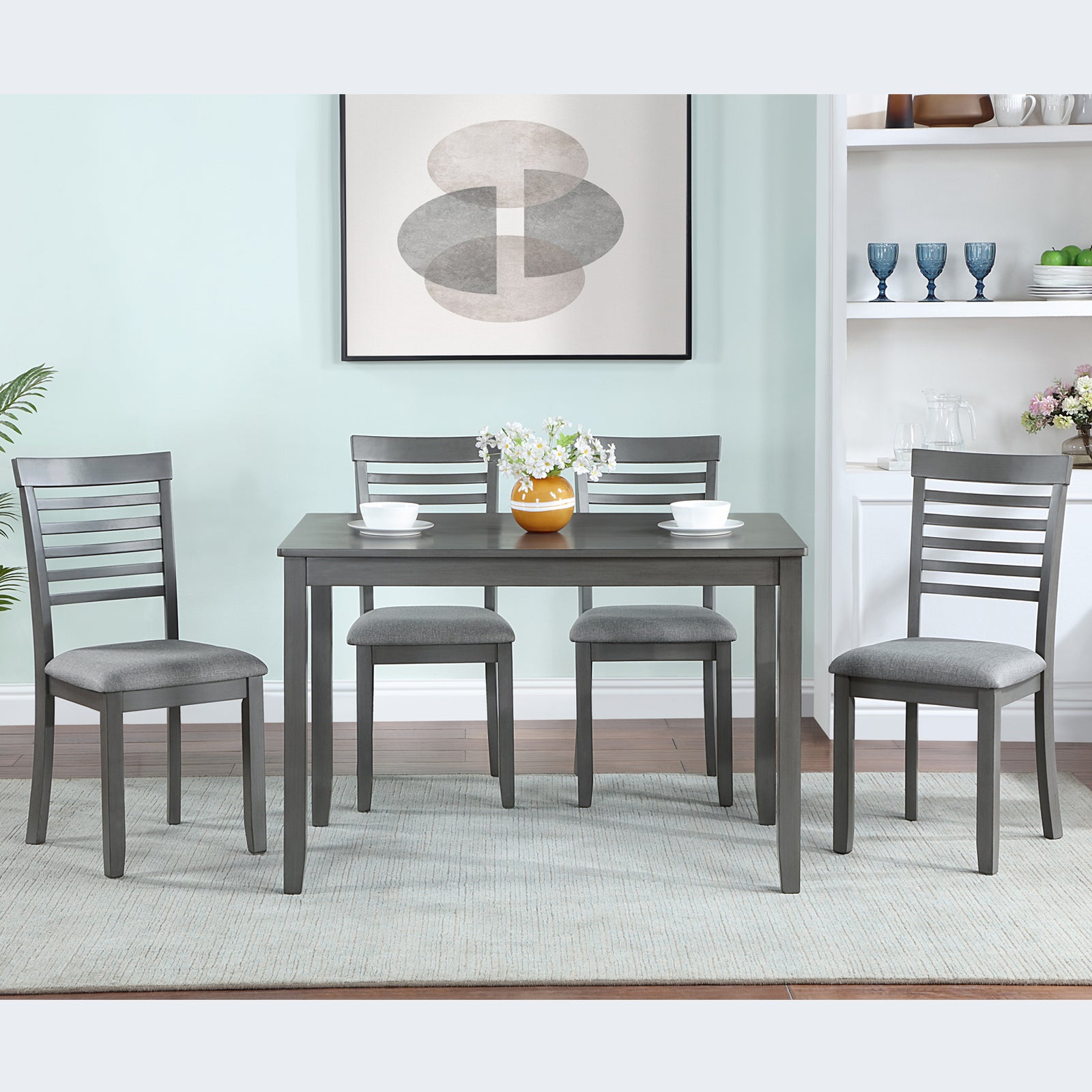 5 Piece Modern Dining Set, Rectangular Wooden Dining Table With 4 Upholstered Chairs For Kitchen, Dining Room, Gray Wood Gray Seats 4 Wood Dining Room Acacia 4 Leg Rectangular Dining Table With Chair Acacia Wood