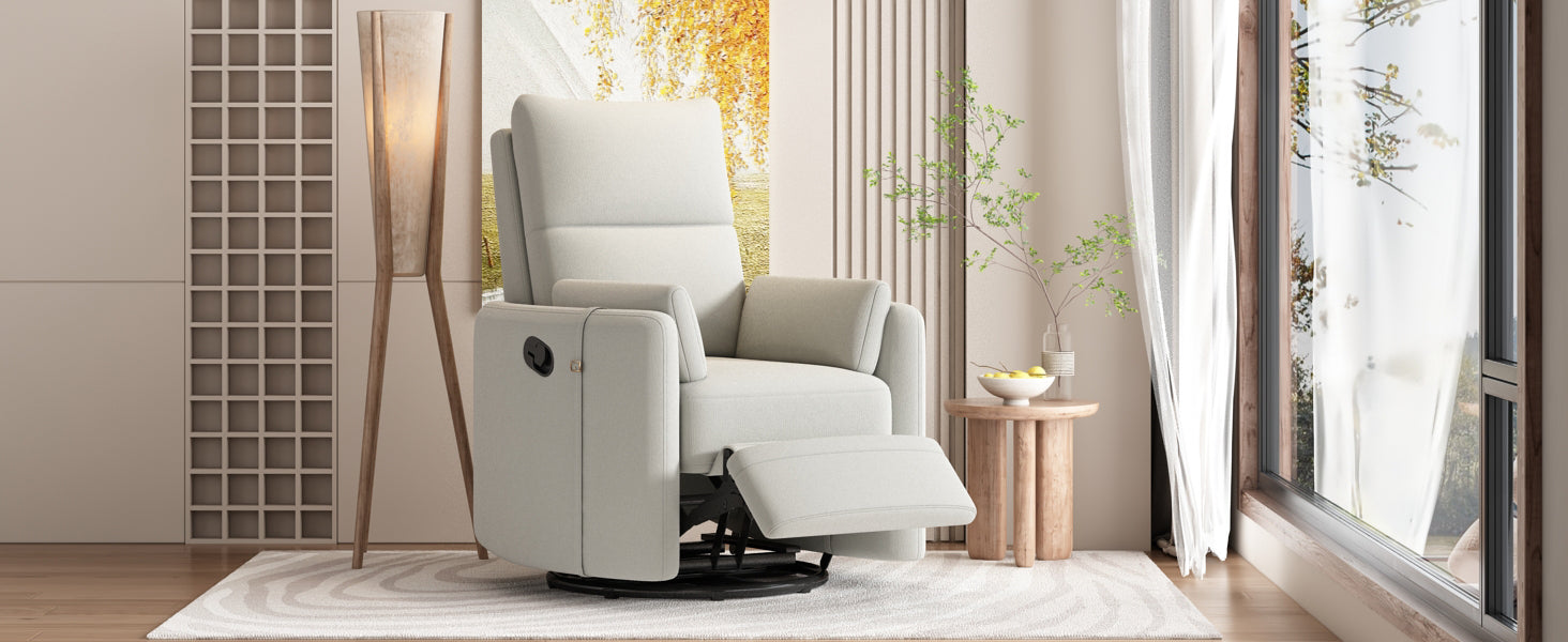 Upholstered Swivel Recliner Manual Rocker Recliner Chair Baby Nursery Chair With Two Removable Pillows For Living Room, Beige Beige Foam Linen