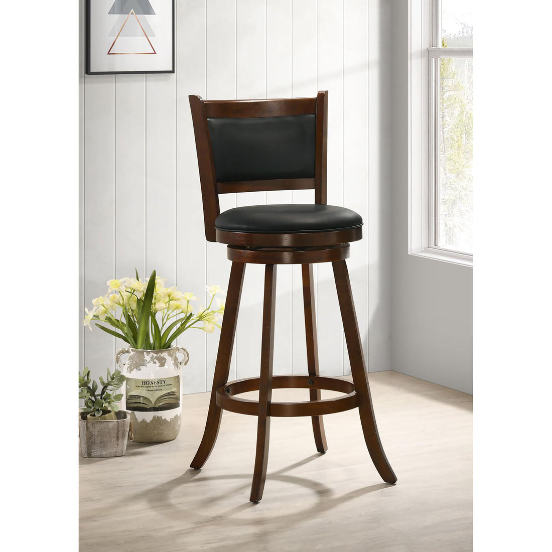 Chestnut And Black Swivel Stool Set Of 2 Solid Black Brown Espresso Dining Room Spot Clean Transitional Bar Stools Rubberwood Open Back Foam Wood Fabric