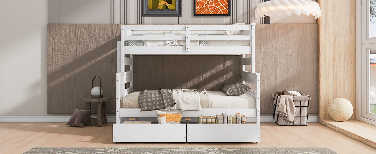 Wood Twin Over Full Bunk Bed With 2 Drawers, White Box Spring Not Required White Wood Bedroom Bunk Solid Wood Mdf