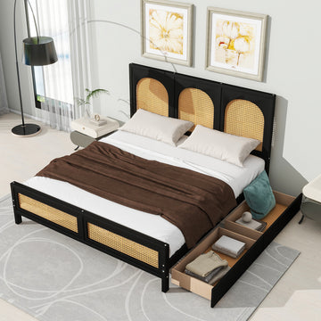 Queen Size Wood Storage Platform Bed With 2 Drawers, Rattan Headboard And Footboard, Black Box Spring Not Required Queen Black Wood Bedroom Bed Frame Wood Rattan