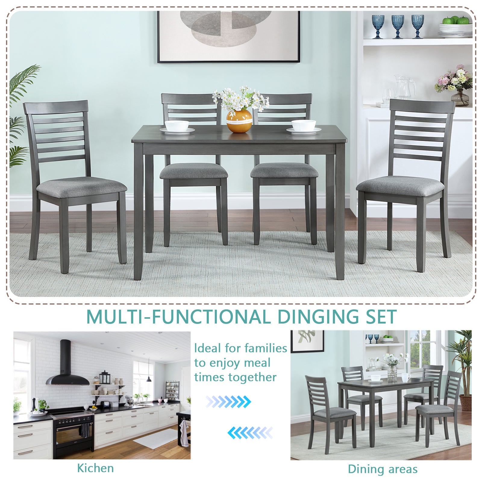 5 Piece Modern Dining Set, Rectangular Wooden Dining Table With 4 Upholstered Chairs For Kitchen, Dining Room, Gray Wood Gray Seats 4 Wood Dining Room Acacia 4 Leg Rectangular Dining Table With Chair Acacia Wood