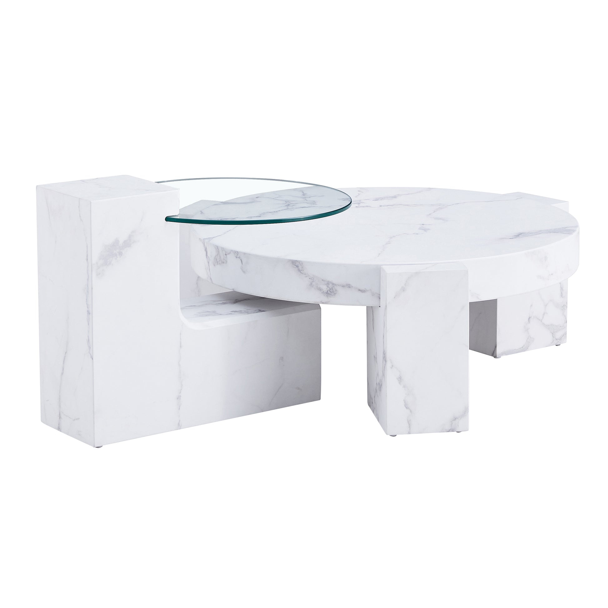 A Modern, Fashionable, And Durable Marble Textured Mdf Coffee Table With A Side Table. Match With Multiple Scenes. Suitable For Living Room And Bedroom. White Mdf Glass