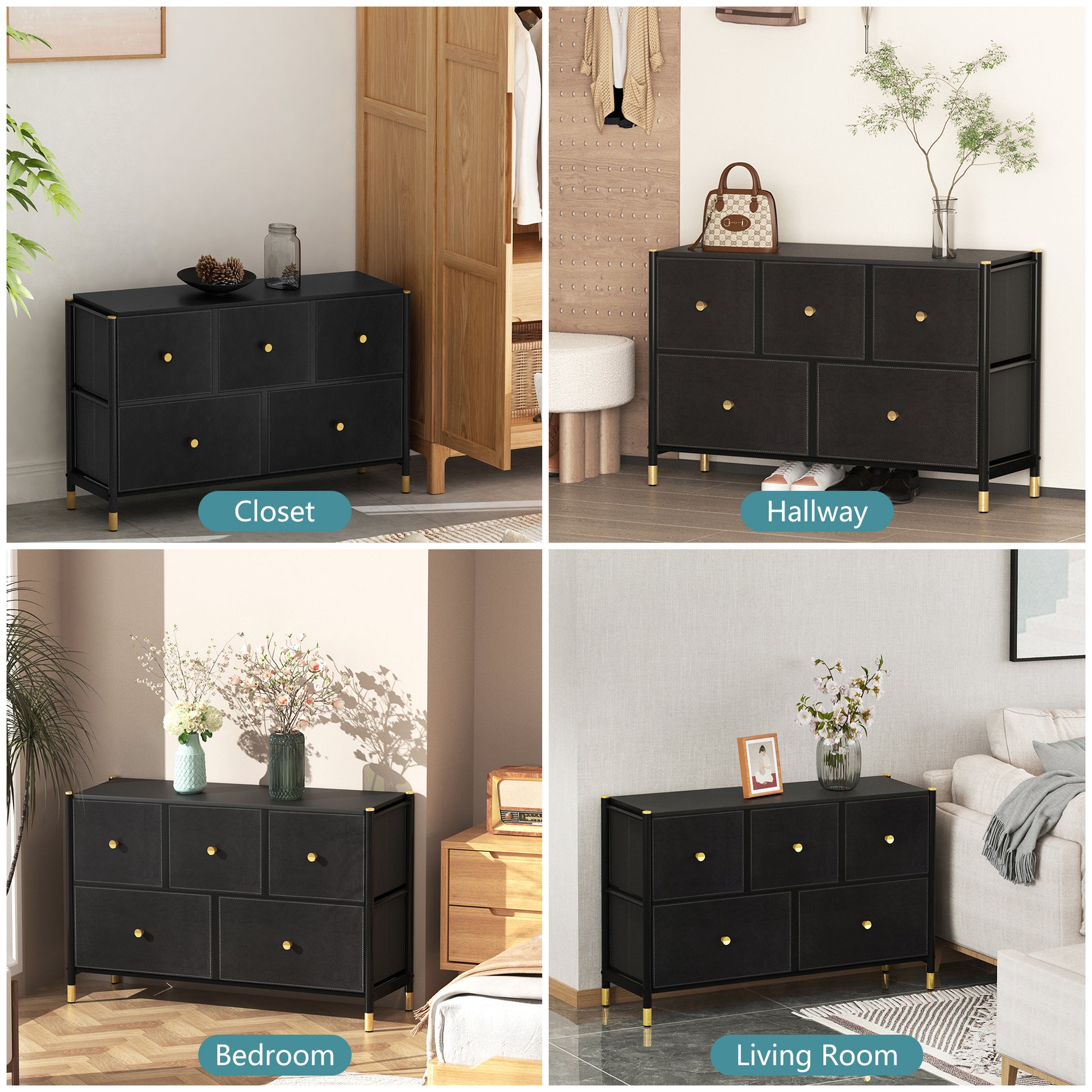 Drawer Dresser Cabinet ,All Dresser With 5 Pu Leather Front Drawers, Storage Tower With Fabric Bins, Double Dresser, Chest Of Drawers For Closet, Living Room, Hallway, Children'S Room, Color:Black 5 Or More Drawers Black Primary Living Space Drawers